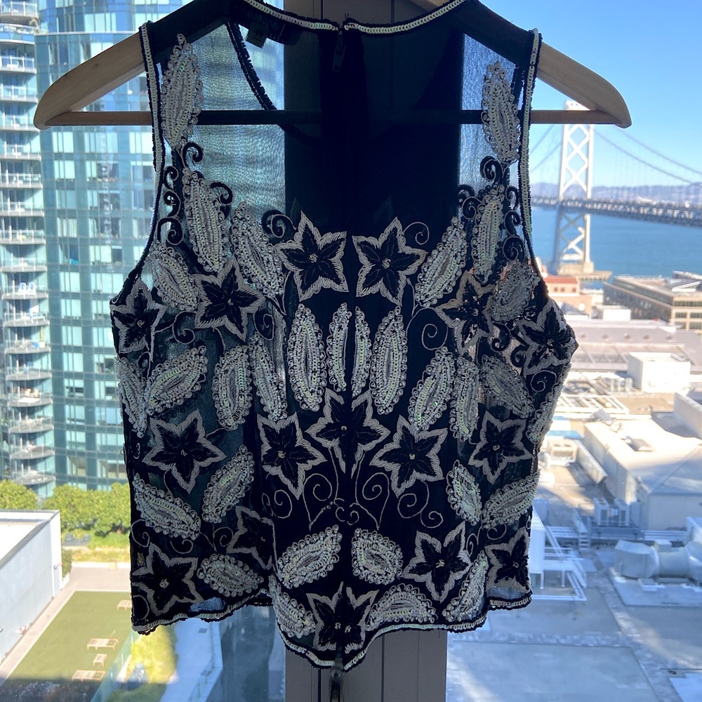 Mesh See Through Sheer Beaded Sequins Embroidered Top